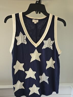 POL Navy Blue Sleeveless Star Appliqué V-Neck Tank